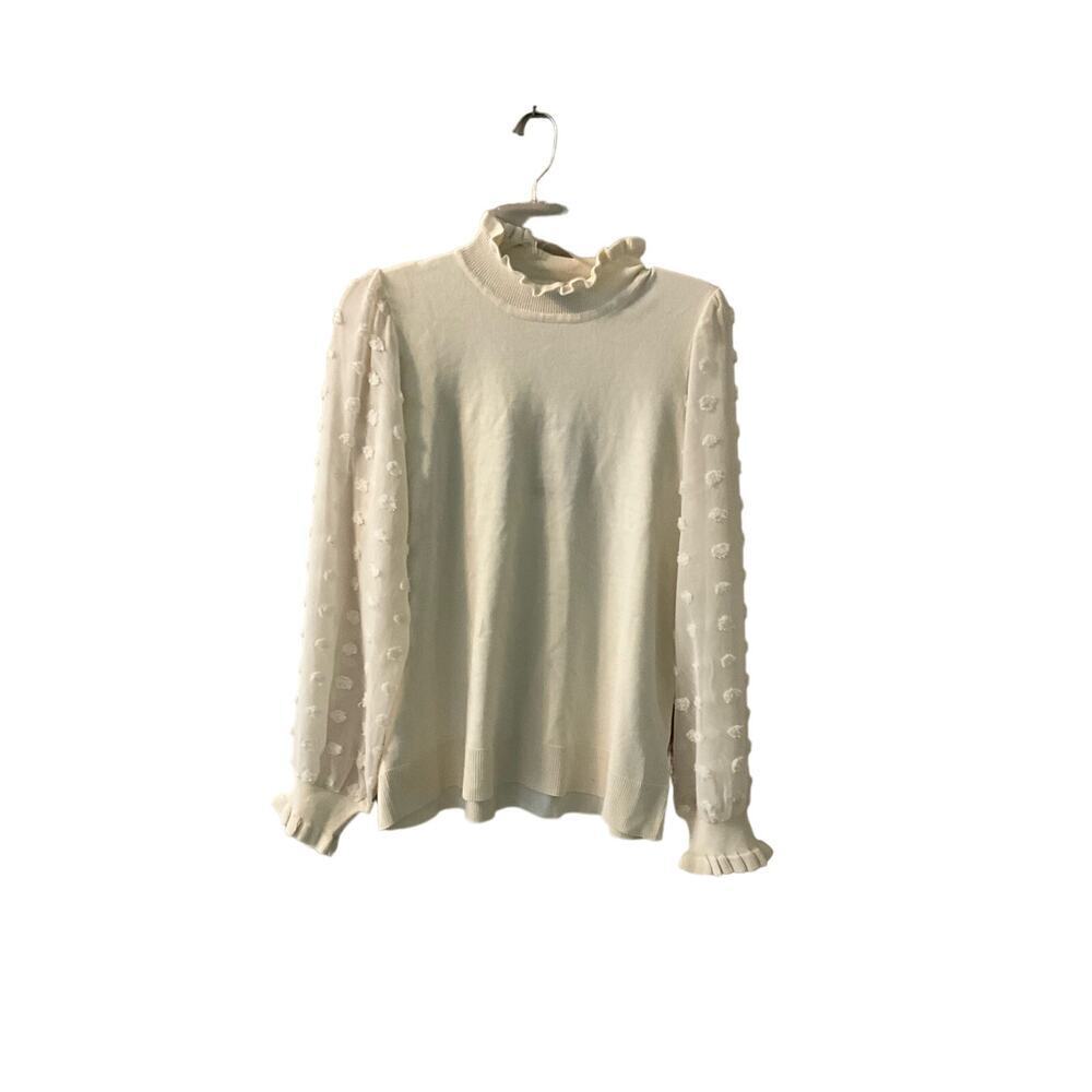 Adrianna Pappel Blouse Top Women's SZ L Cream Polka‎ Dot Long Sleeve Mock Neck